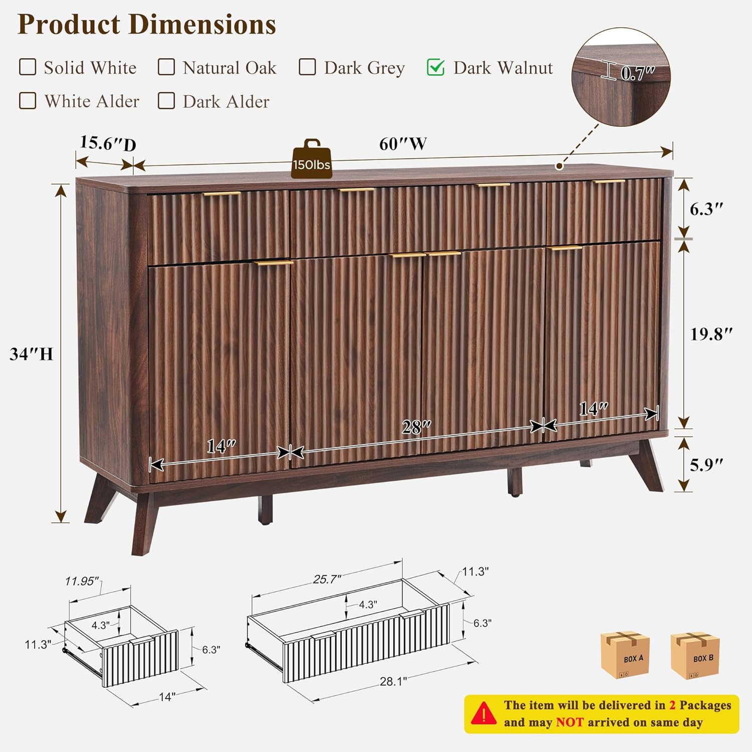 T4TREAM Fluted Buffet Sideboard Cabinet with Storages, 60 Large Modern Buffet Table Coffee Bar Wine Bar Storage Cabinet with 3 Drawers & 4 Doors for Dining Room, Living Room, Hallway(Dark Walnut)