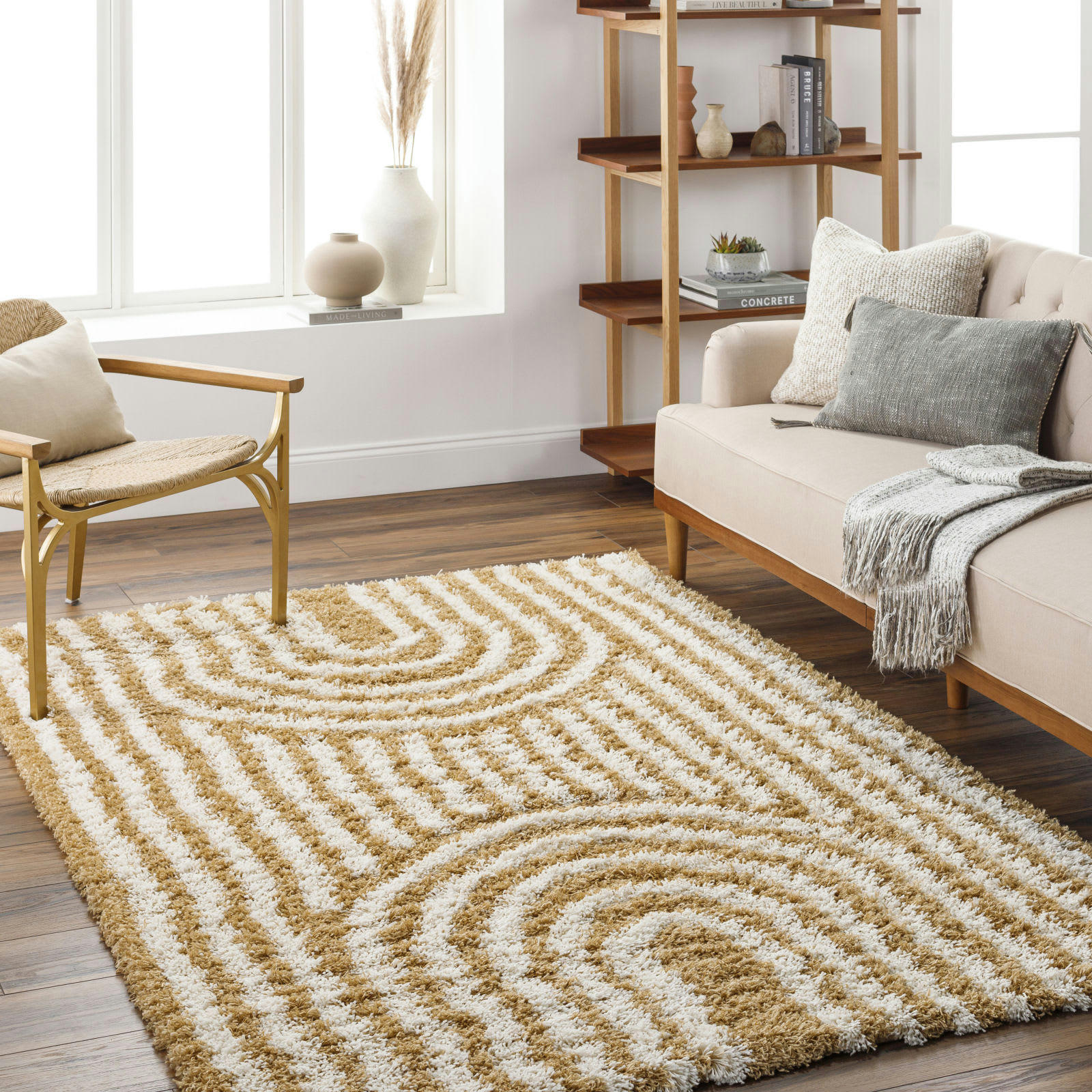 CHRISTINA - Tapis Shaggy Scandinave Blanc/Ocre 160x220