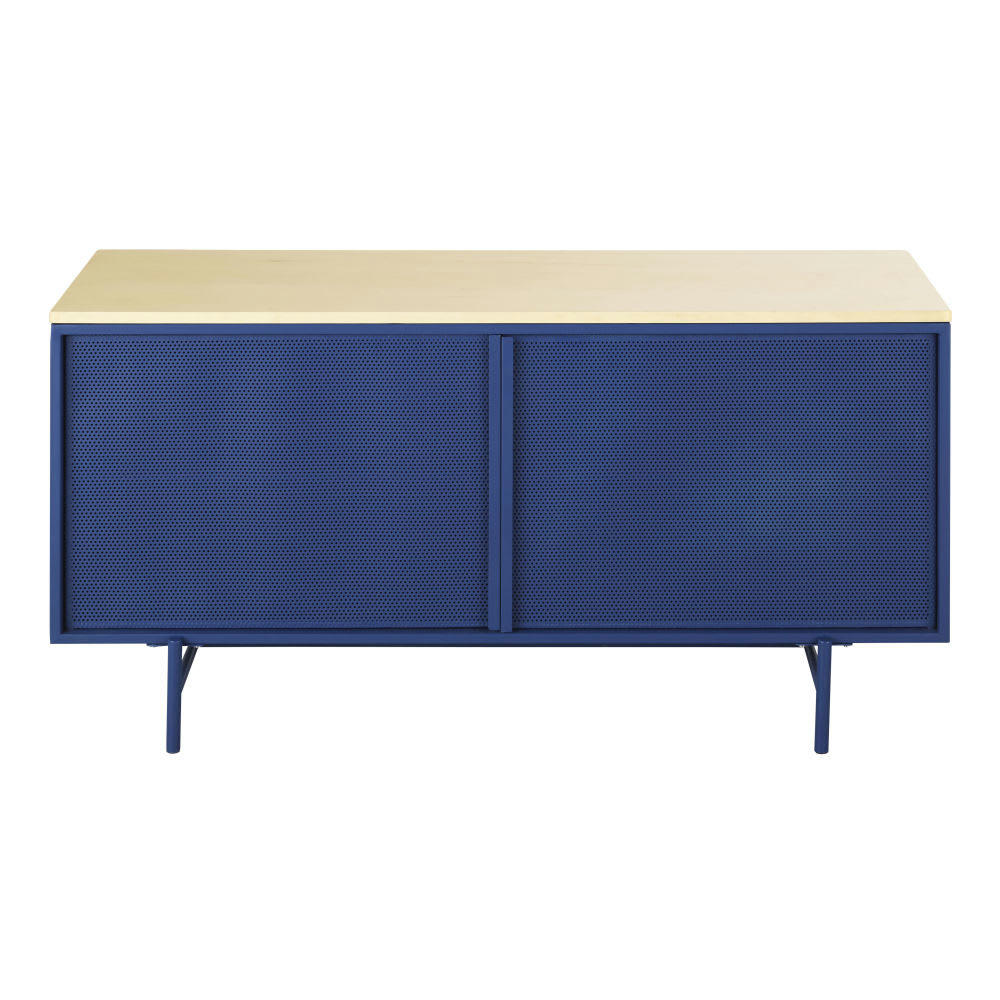Dely - Buffet bas 2 portes en bois de peuplier et métal bleu