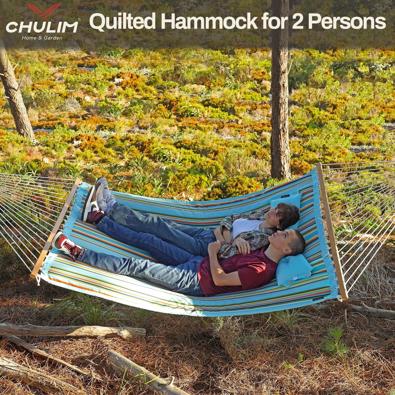 12 FT Double Quilted Fabric Hammock with Spreader Bars and Pillow 450 LBS Weight Capacity 2 Person Hammock
