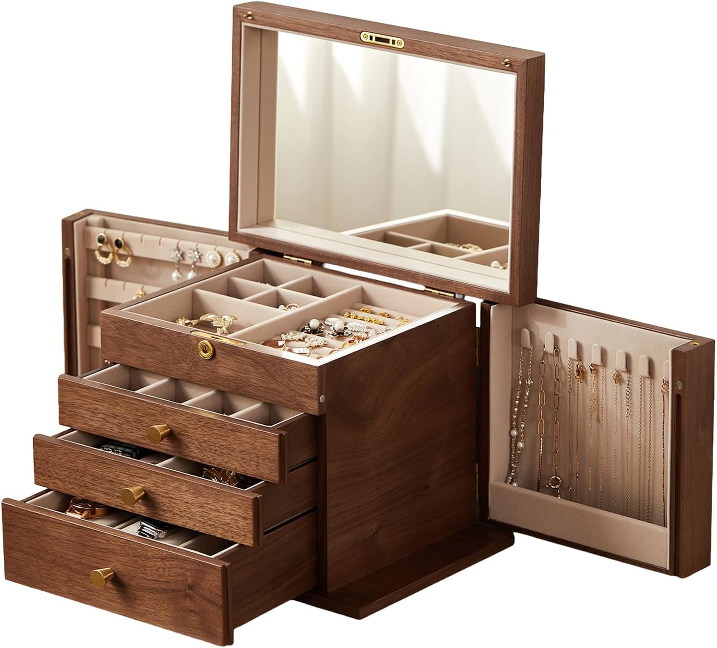 CHOSIN Black Walnut Wooden Jewelry Box, 4 Layer Lockable Wood Jewelry Organizer with Mirror, Side Doors & Brass Handle, Classical Design for Rings, Necklaces, Earrings, Mothers Day Gifts for Mom