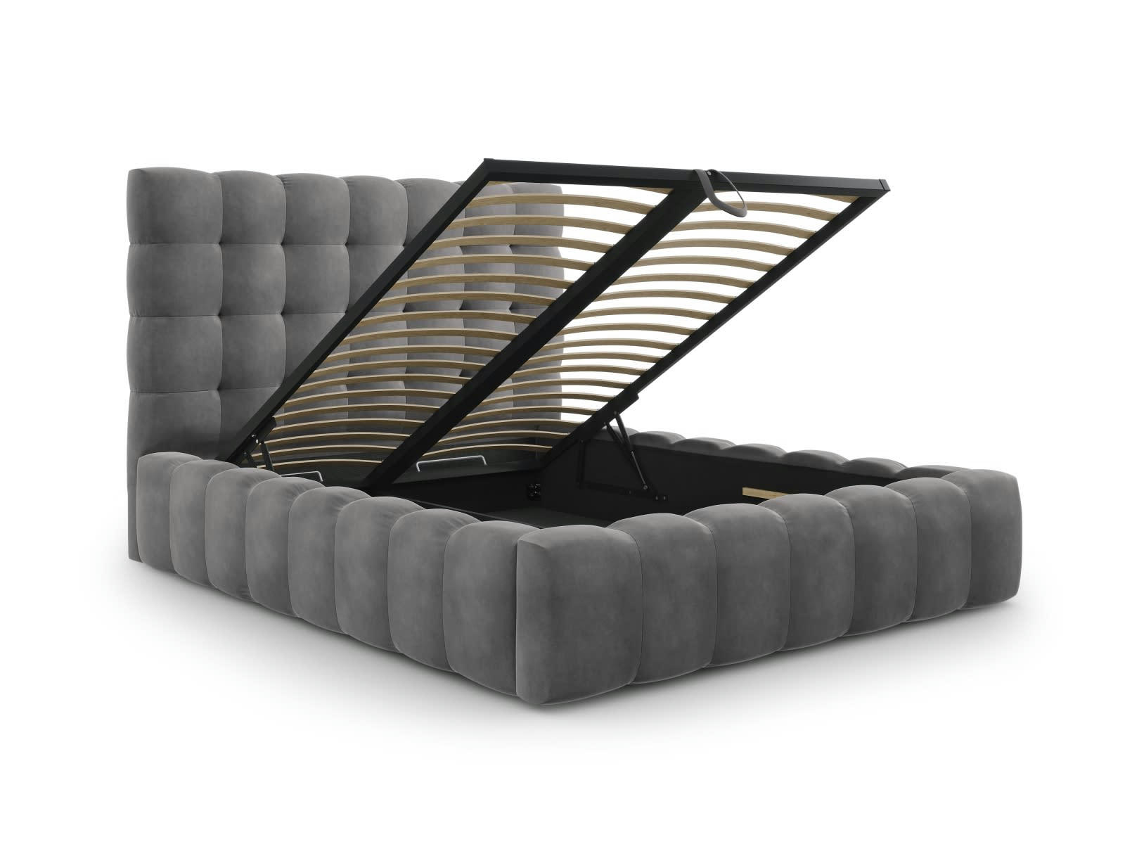 MAMAIA - Lit coffre en avec tête de lit 140x200cm en tissu velours gris