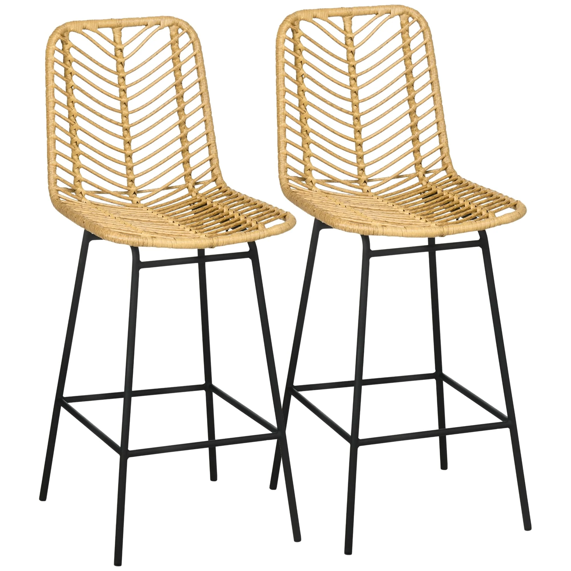 Rattan Bar Stools Set of 2, Wicker Counter Height Barstools with Steel Legs and Footrest for Dining Room, Kitchen, Pub, Yellow