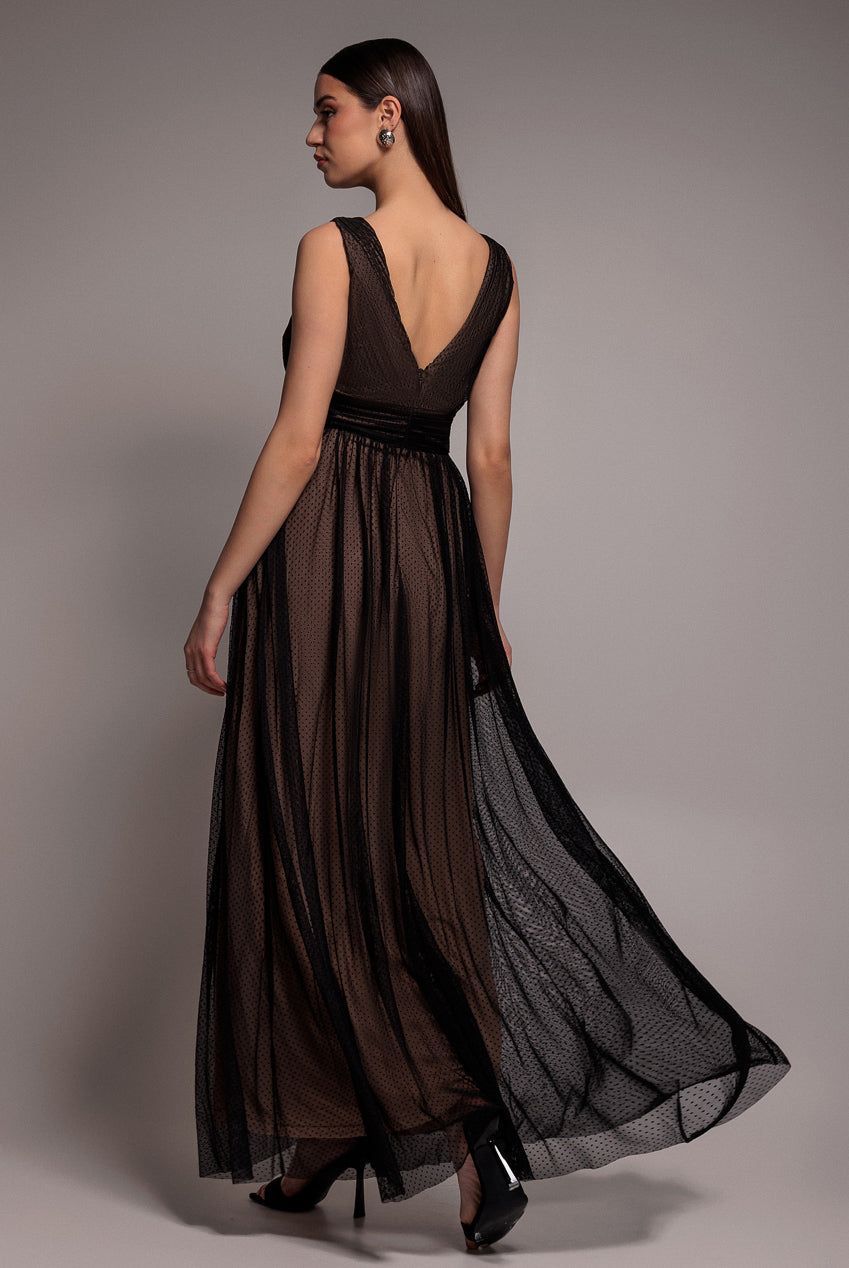 Goddiva Sleeveless Pleated Dobby Mesh Corsage Maxi Dress