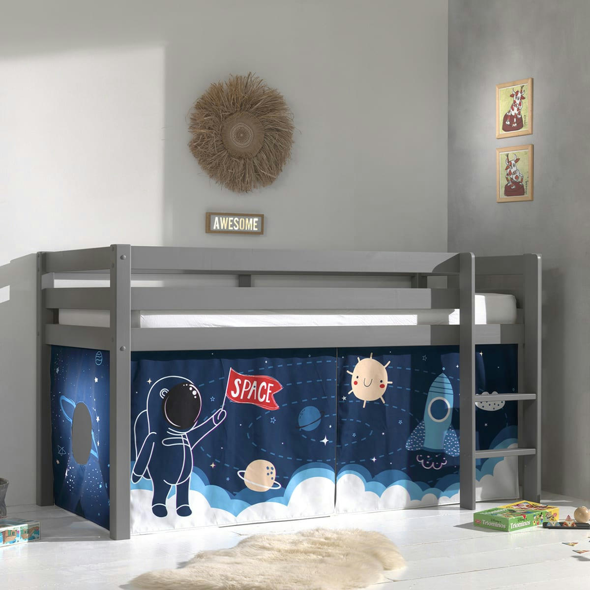 PINO - Lit mi-hauteur 90x200 sommier inclus housse space gris