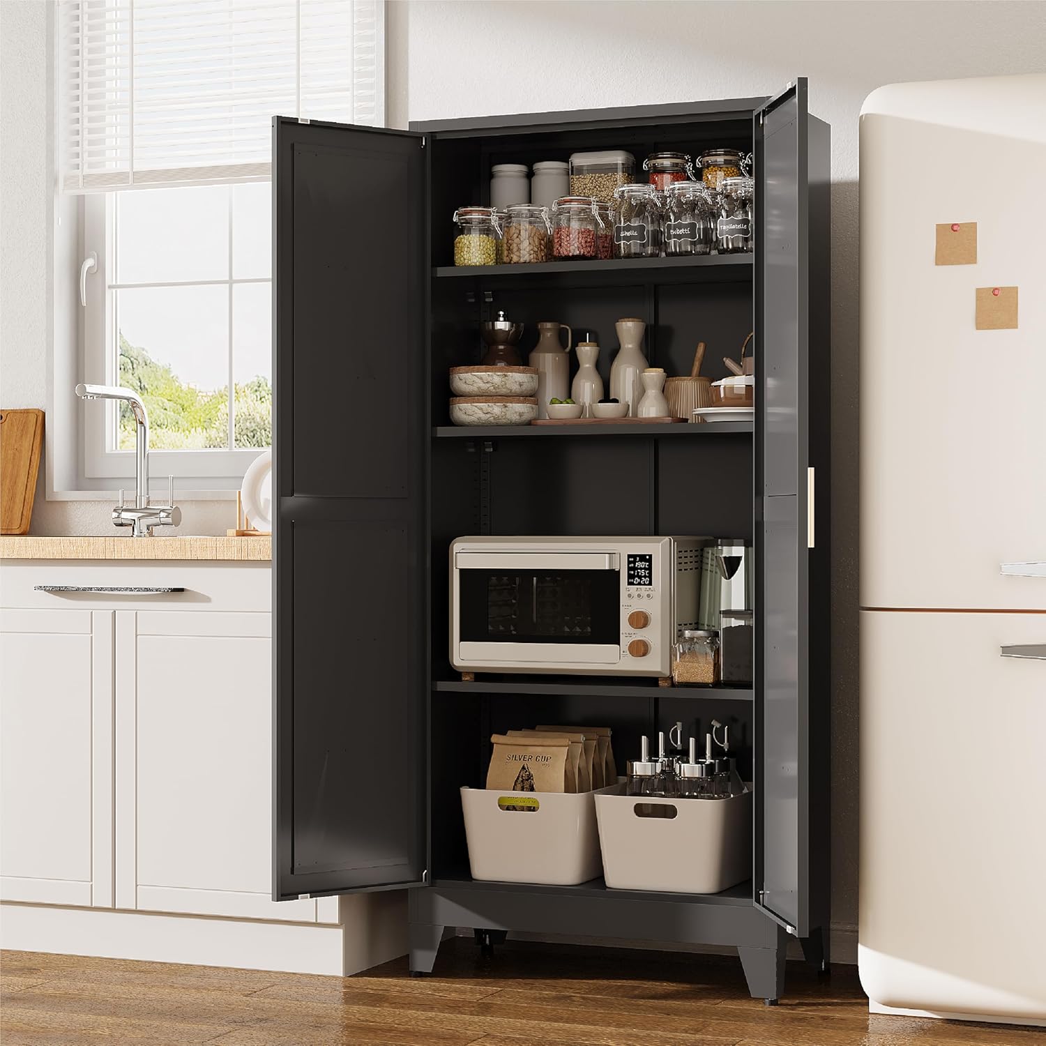 Metal Pantry Cabinet, 61”H Kitchen Pantry Storage Cabinets with 2 Doors & 3 Adjustable Shelves, Black Kitchen Pantries Cabinet, Tall Cabinet with 2 Gold Handles for Dining Room, Living Room