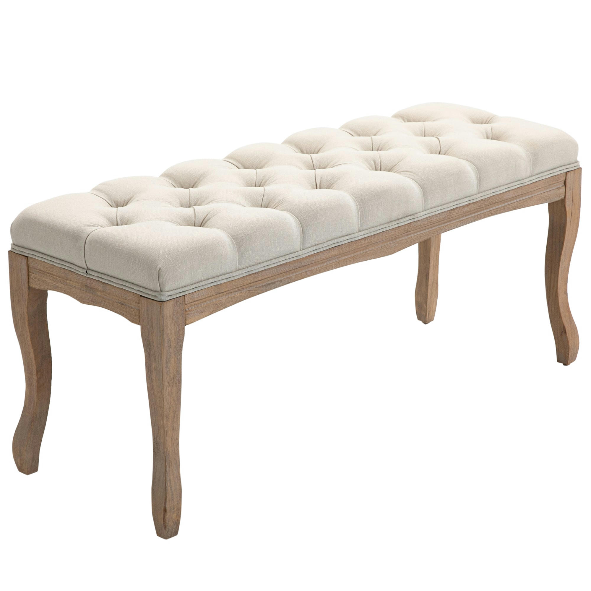 - Banc banquette capitonnée style classique chic pieds bois lin beige