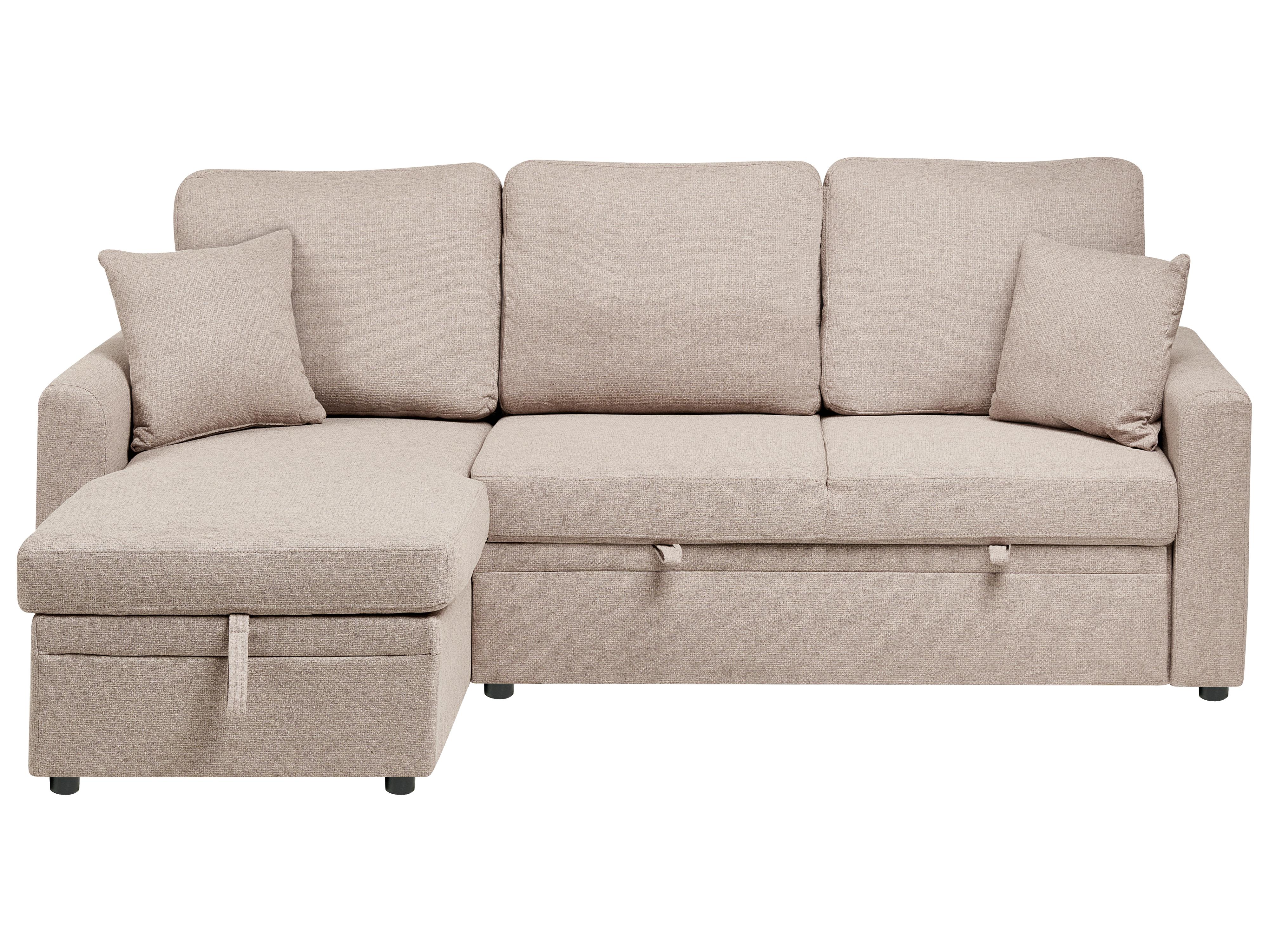Corner Sofa Bed 3 Seater NASSJO Faux Linen Light Brown with Storage Left Hand