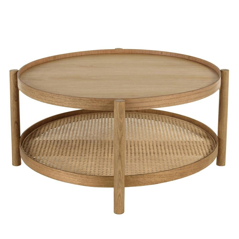 Table basse en bois de mindi 80.5cm avec tablette en rotin naturel TIVARO