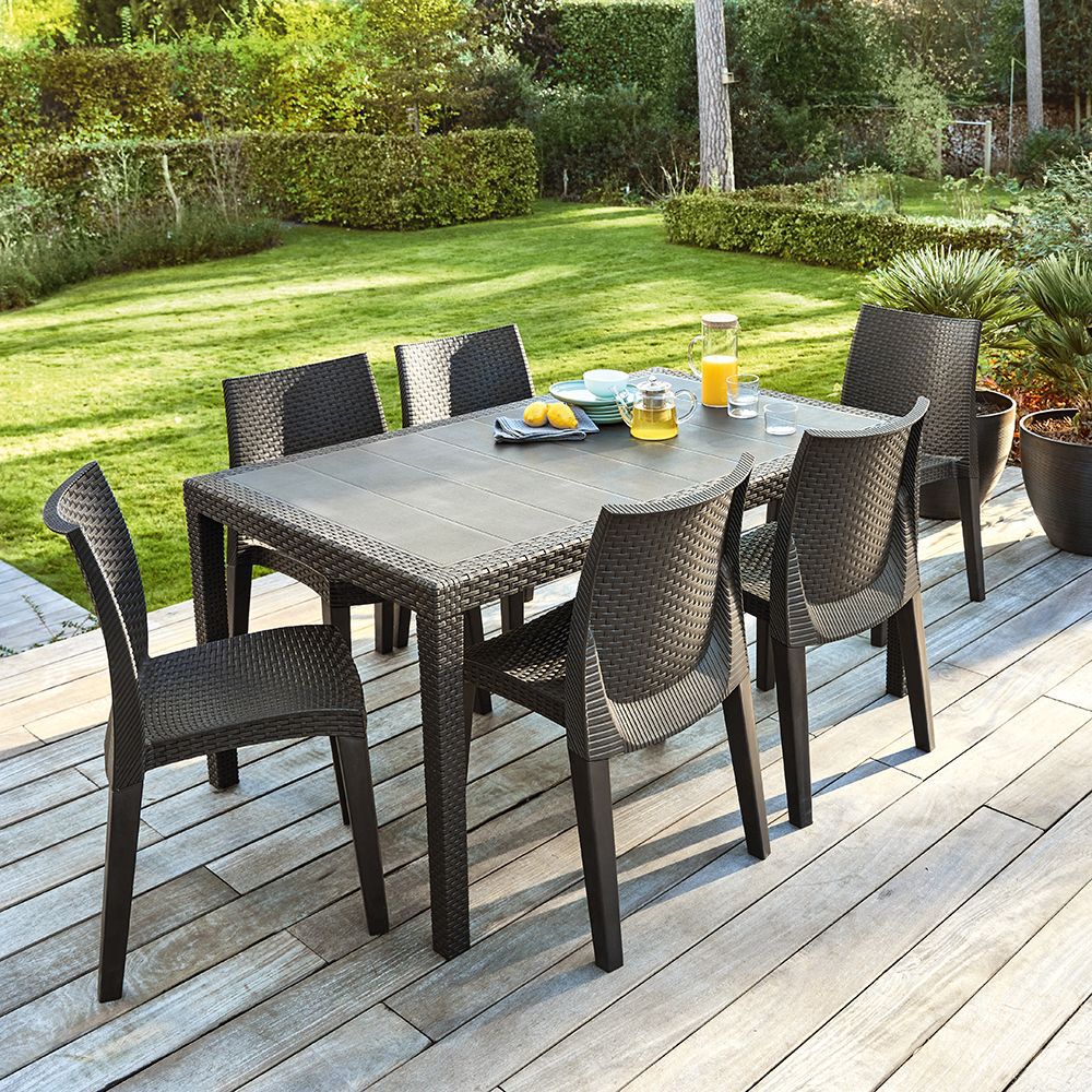 Table de jardin rectangulaire 6 personnes imitation résine gris