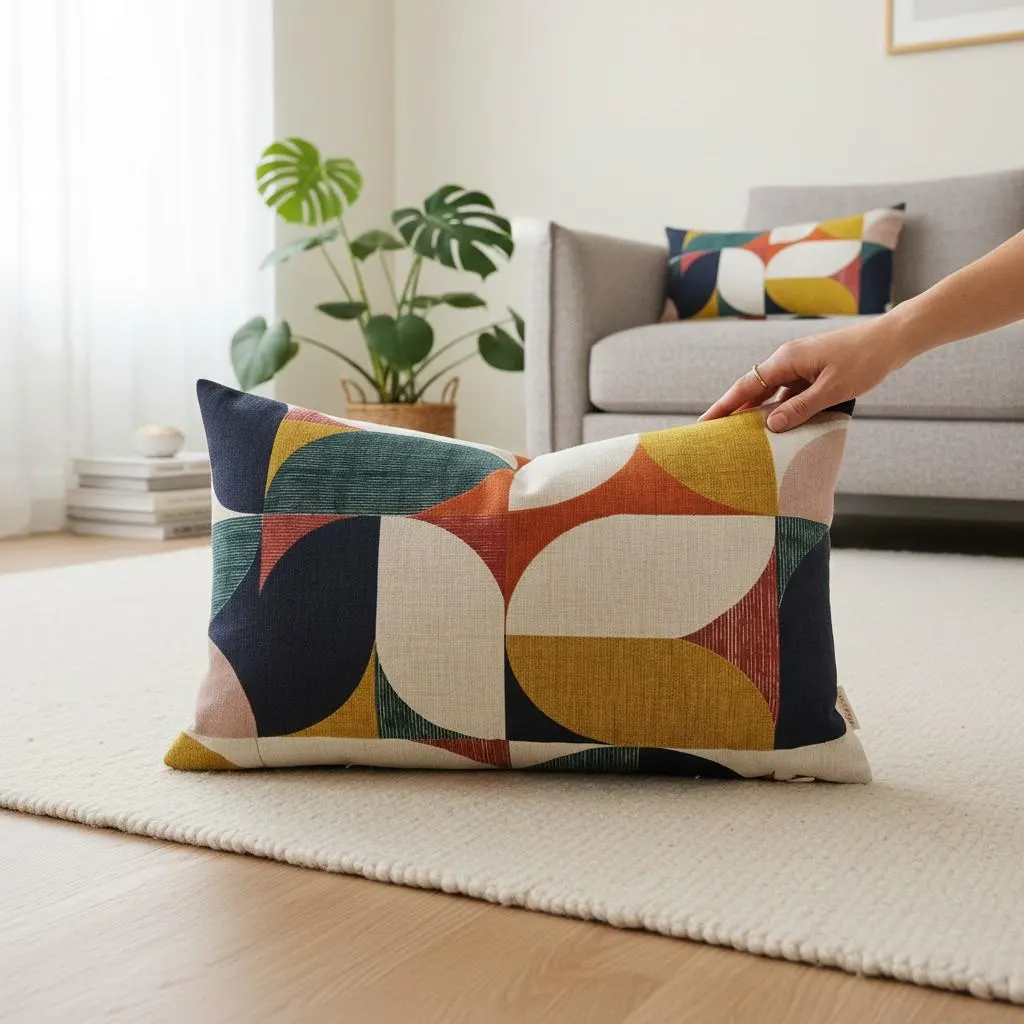 Mid Century Modern Pillow Cover, Colorful Abstract Geometric Lumbar Pillow, Retro 70s Cotton Cushion Case, Navy Rust Mustard Accent Decor