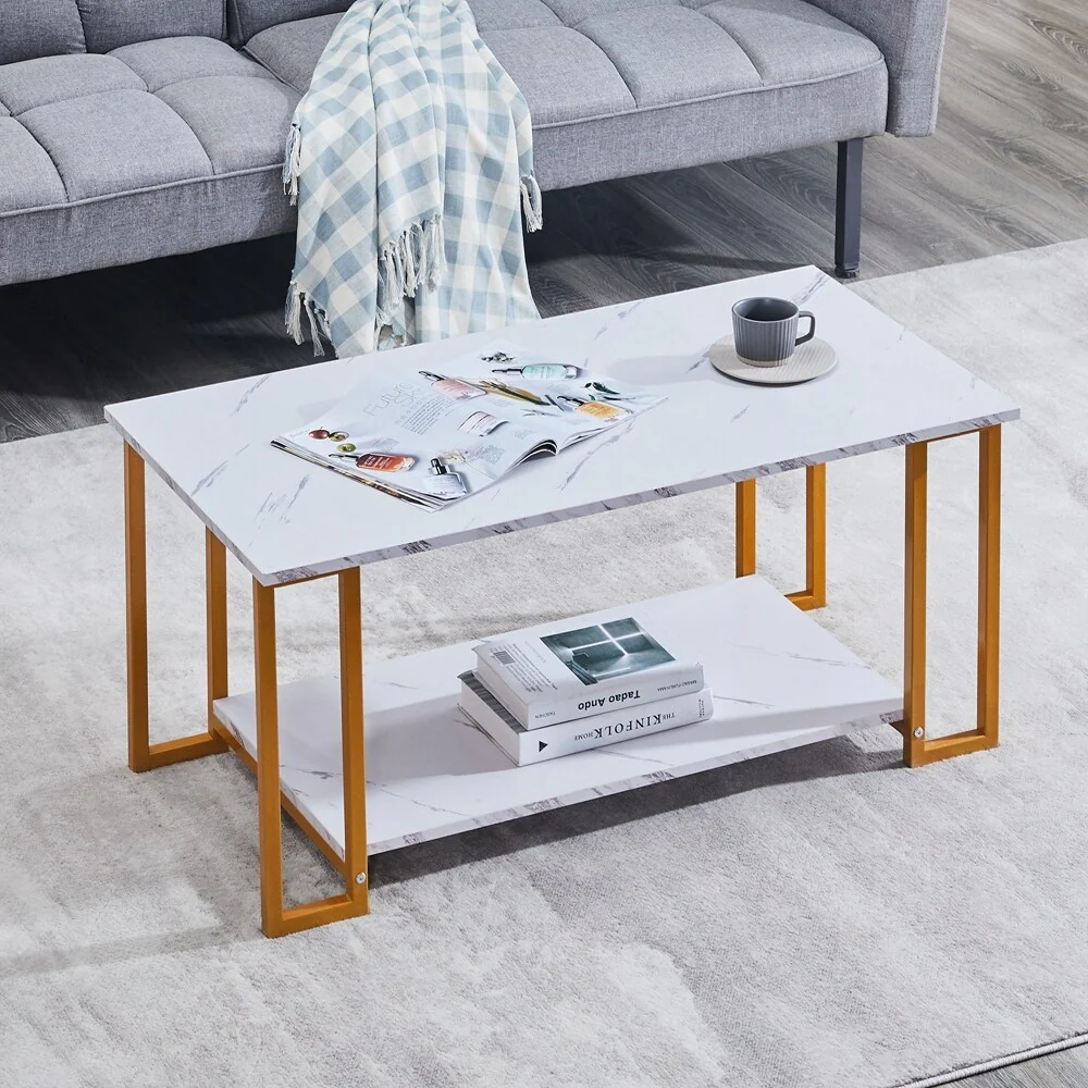 39.37 L MDF Rectangle Tabletop Iron Coffee Table , Dining Room, Coffee Shop, Resterant, White Top, Gold Leg