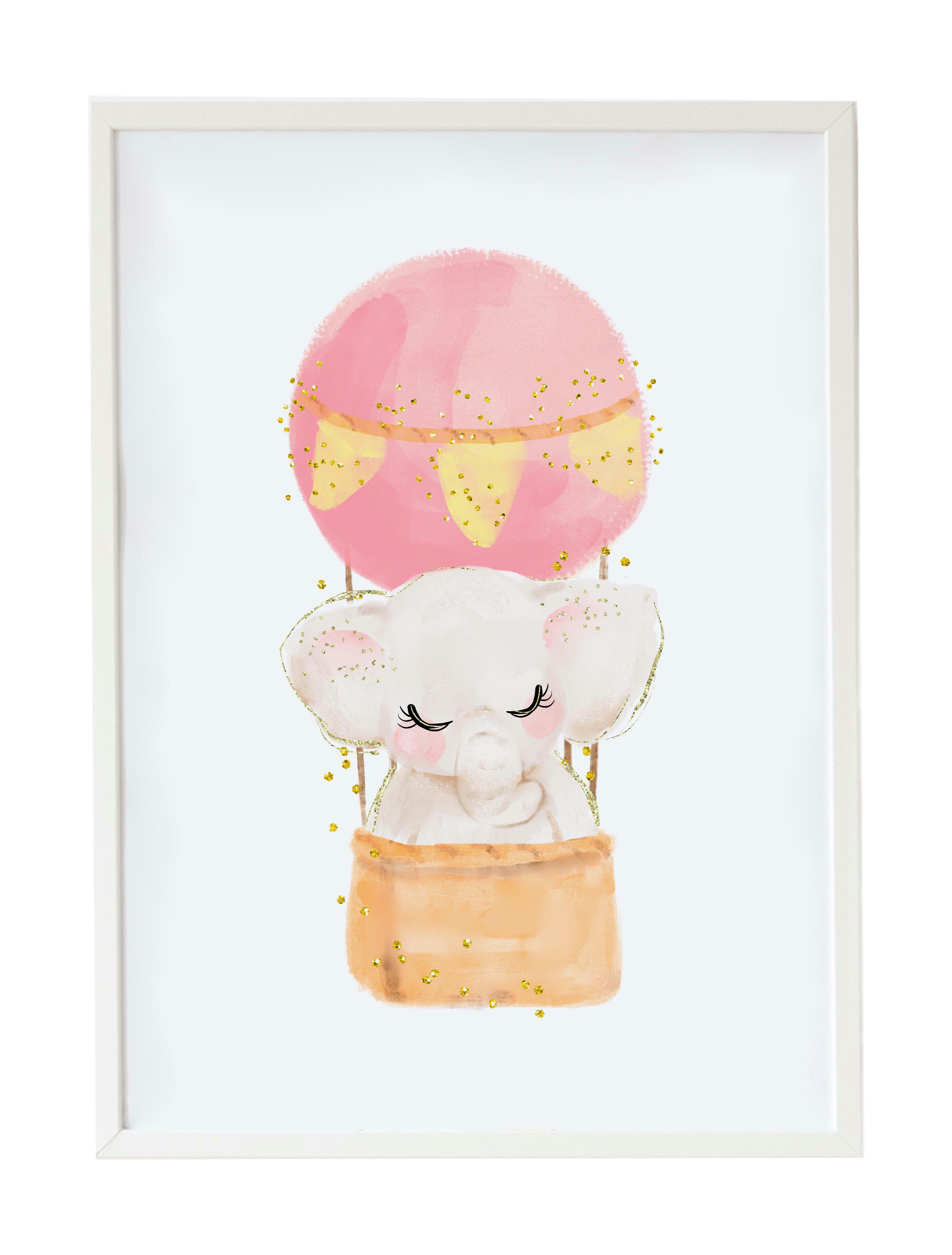 DECOWALL - Pack encadré bois blanc impression le éléphant ballon 43X33 cm