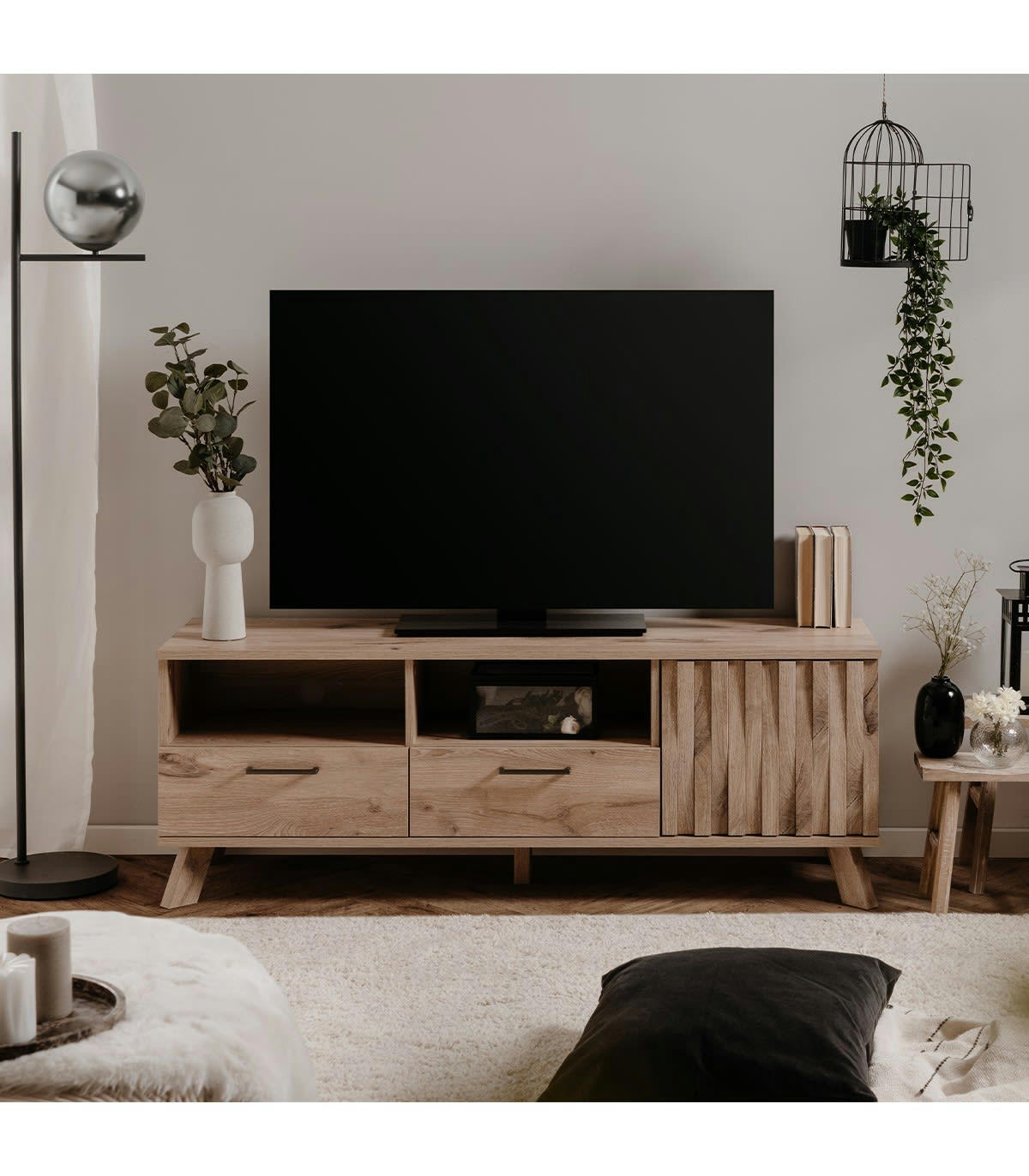 OPOLE - Meuble TV 2 tiroirs, 2 niches et 1 porte effet bois - L140 x H50 cm