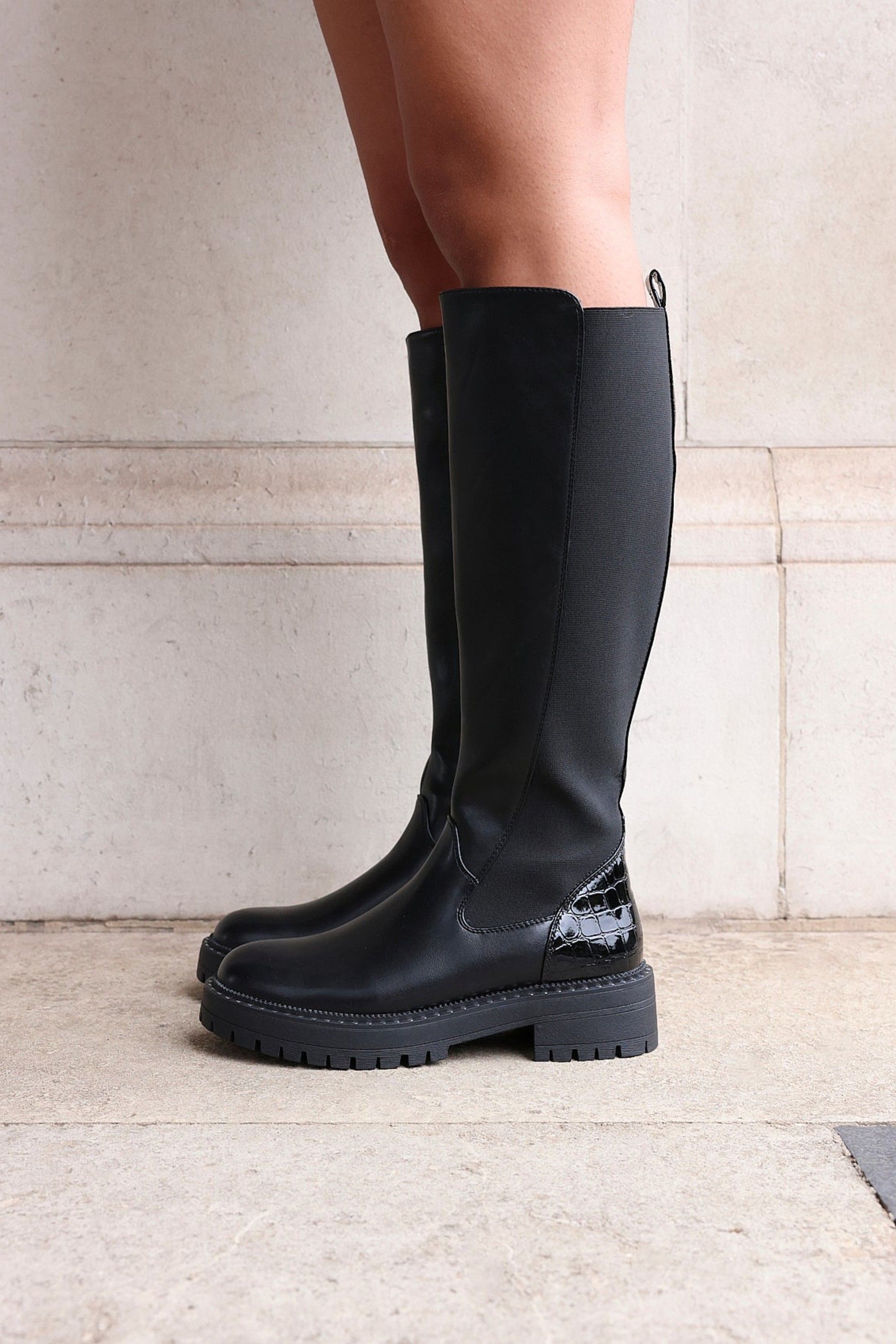 Linzi Swift Black Faux Leather & Croc Knee High Boot