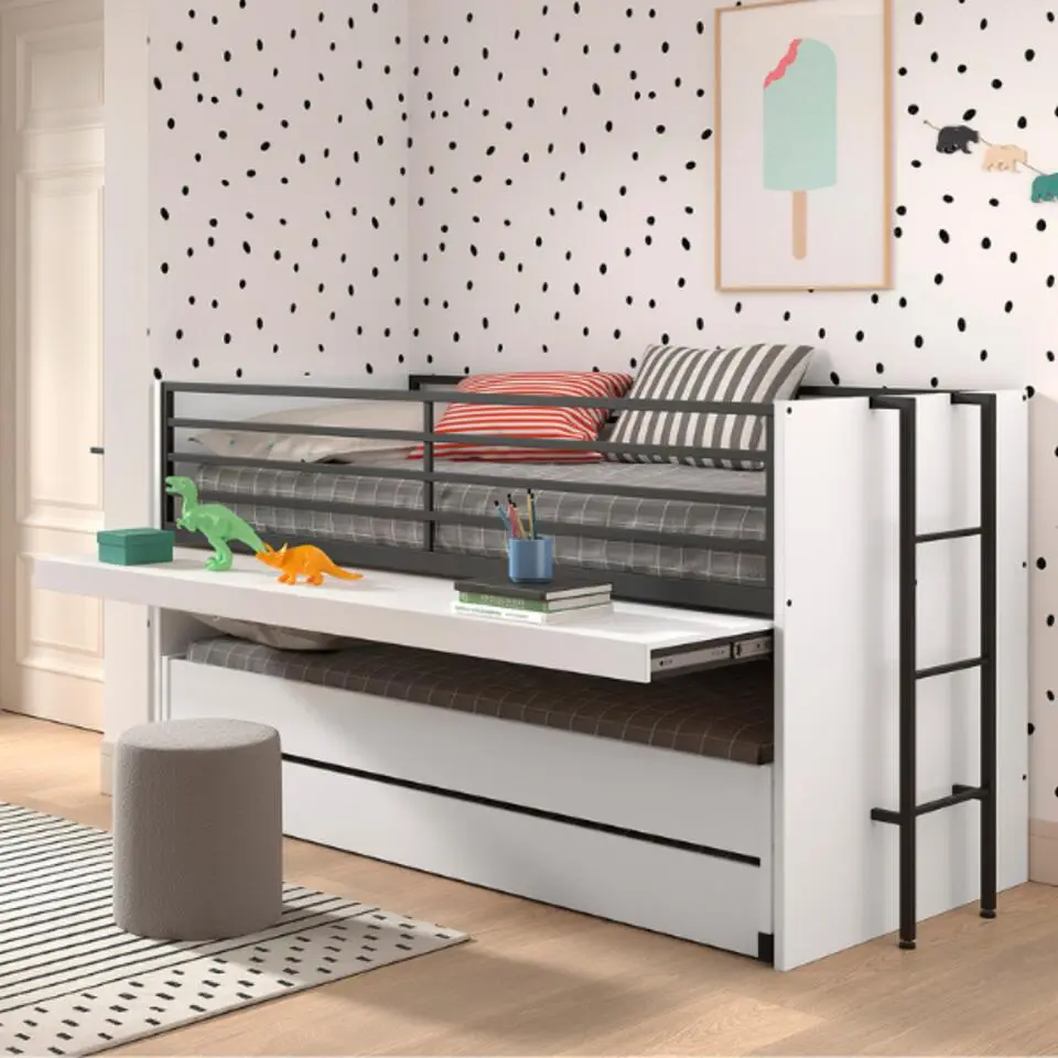 Halfhoogslaper Sammie 90x200cm met 2 slaapplaatsen, bedlade en bureau - wit