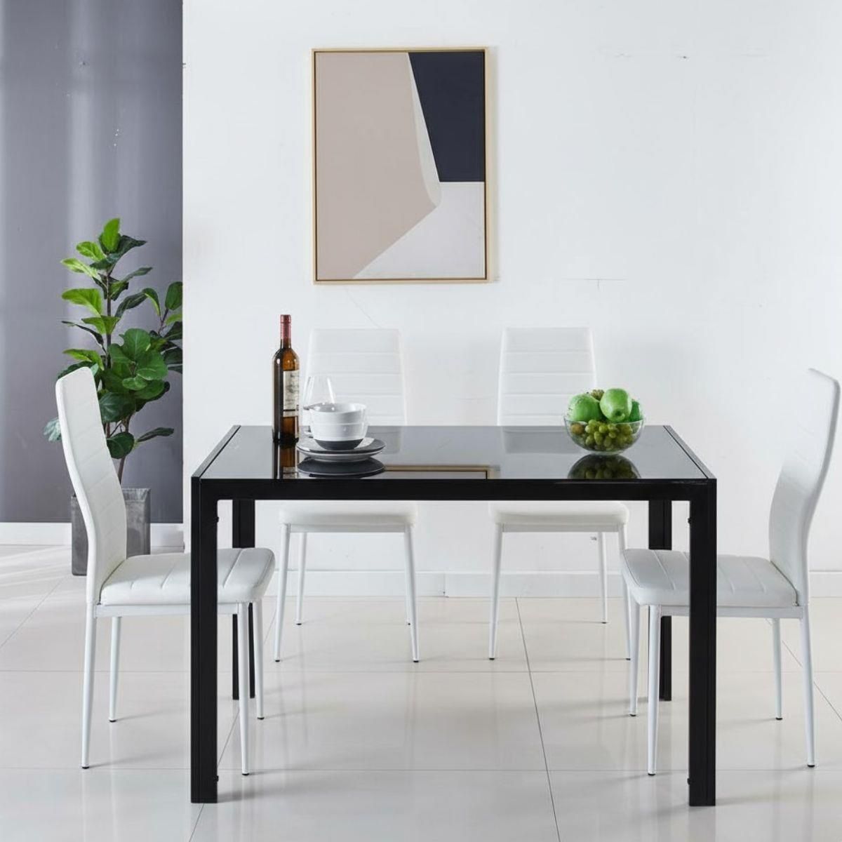 KOSY KOALA Black Glass Table with 4 White Faux Leather Chairs