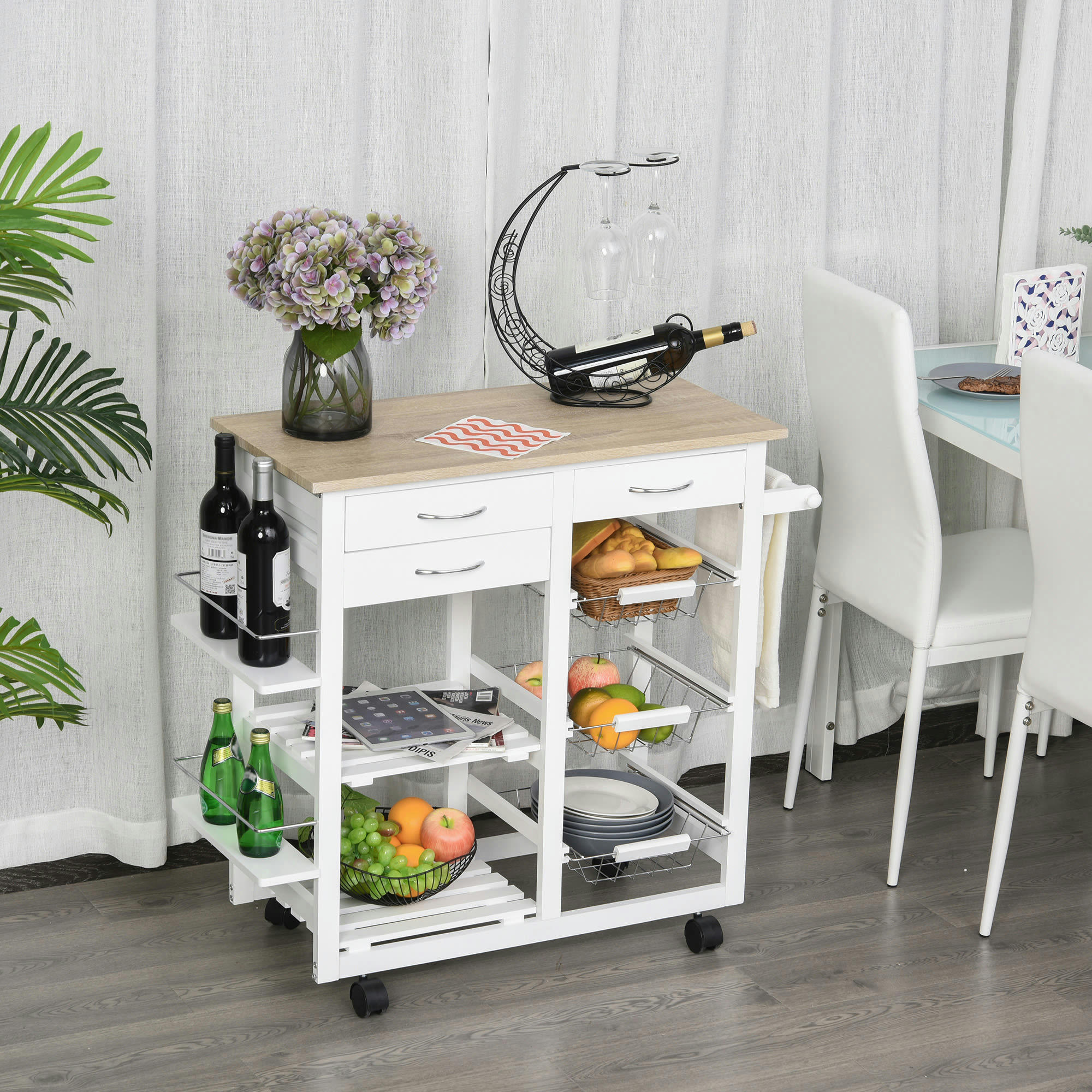 - Desserte chariot cuisine multi-rangements aspect chêne clair pin blanc