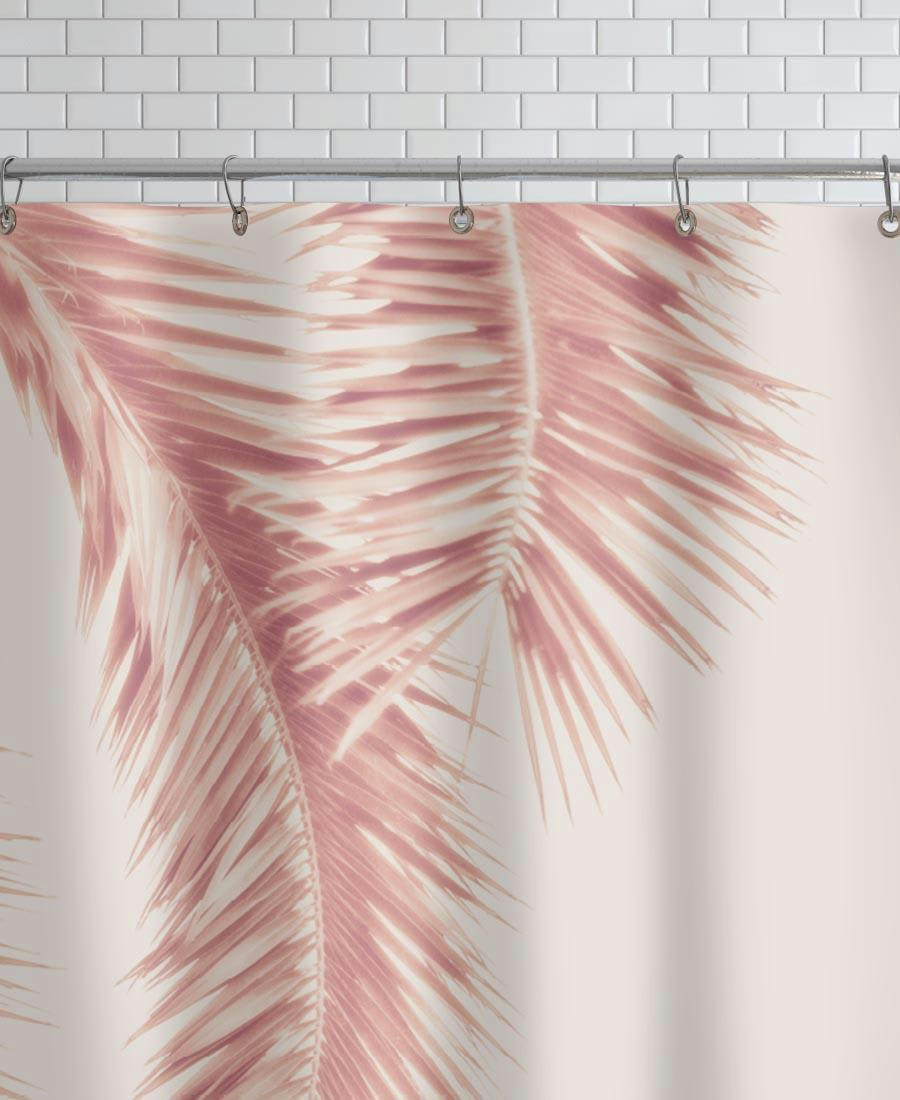 ROSE PALM LEAVES - Rideau de douche en polyester en blanc & rose 150x200