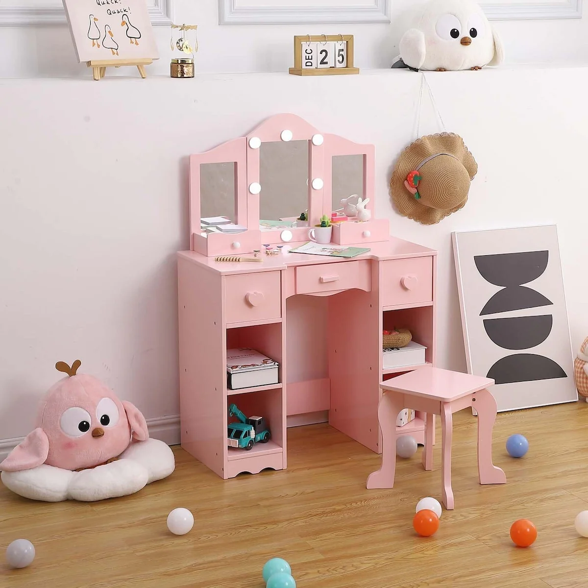 Kids Vanity Table, Girls Vanity with Tri-Folding Mirror