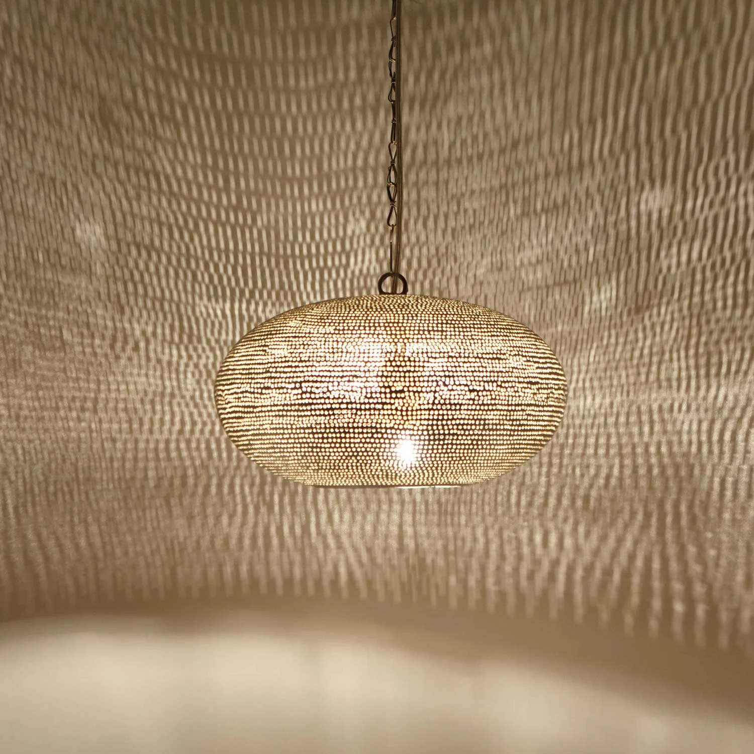Perforated Brass Oval Pendant Light, Moroccan Hanging Lamp, Warm Shadow Glow