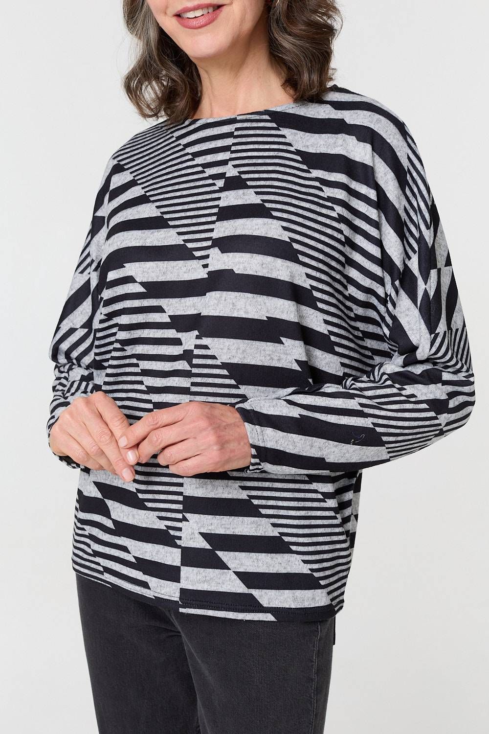 Izabel London Geo Print Long Batwing Sleeve Top