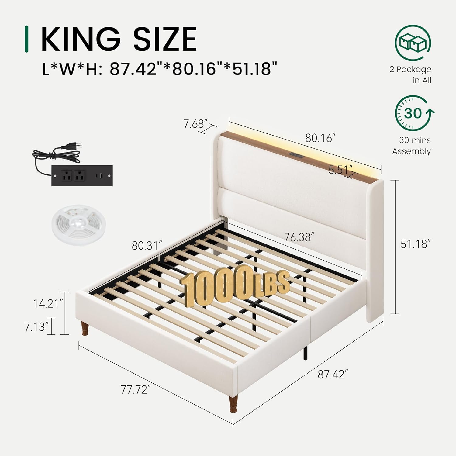 LARMACE King Size Bed Frame with LED Lights and Charging Station Linen Upholstered Platform Bed Frame with 51.2 Tall Wingback Headboard and Storage Shelf, No Box Spring Needed, Easy Assembly, Beige