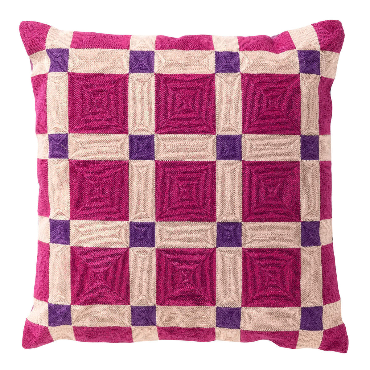 BLOCKS - sierkussen 45x45 cm - geblokt patroon - geborduurd - Deep Lavender - paars, roze