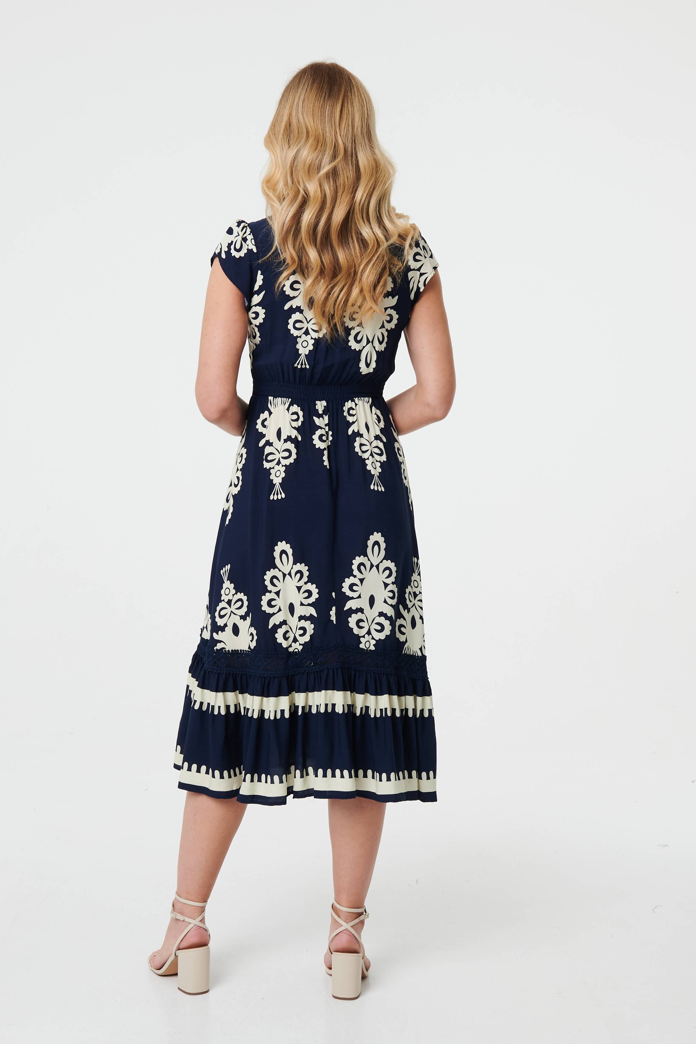 Izabel London Ikat Print Cap Sleeve Shirred Midi Dress