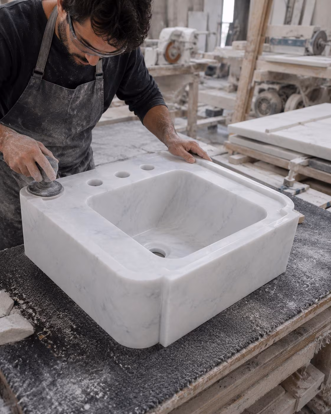 Hand Carved Carrara Marble Sink, White Gray Veining Bathroom Basin, Custom Size Vanity