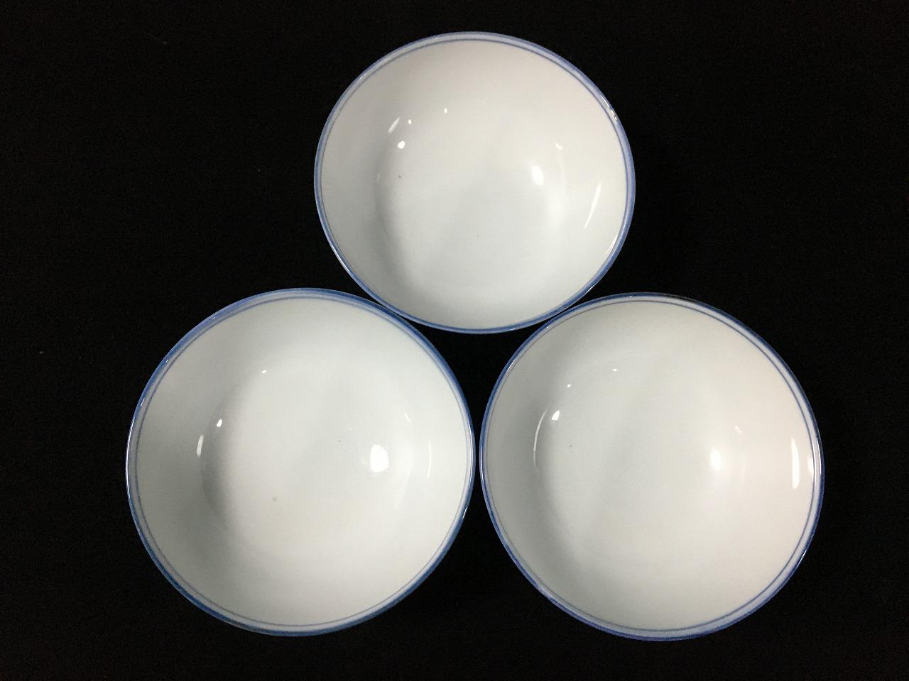 R0109 Vintage Japanese Porcelain Bowls Blue and White Rice Bowls Set of 3