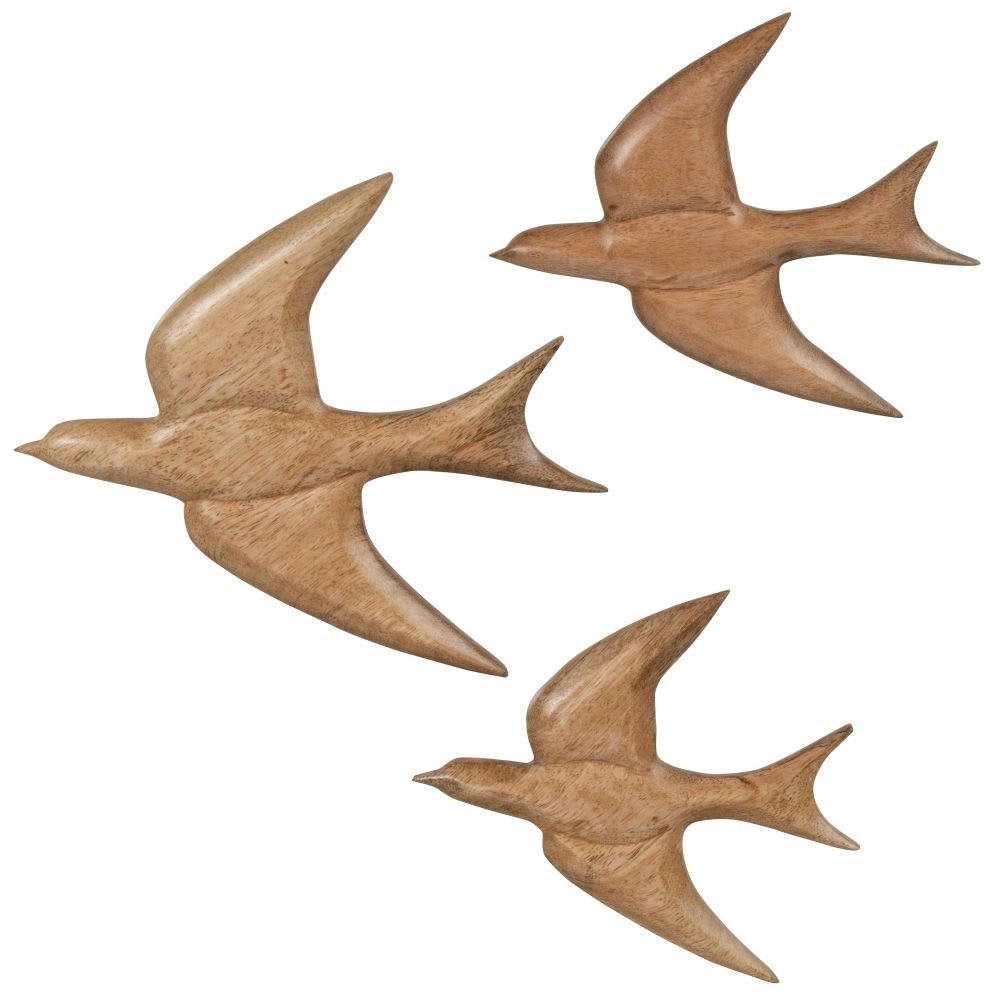 - Déco murales hirondelles en bois de manguier sculpté marron (x3) 21x19