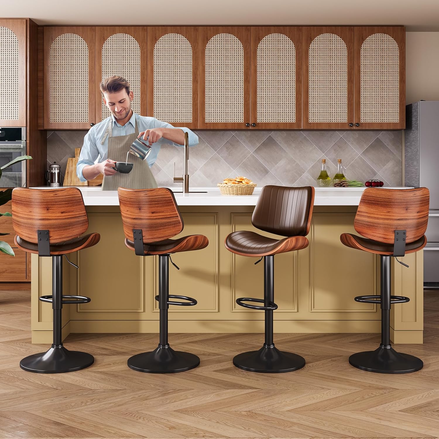 Swivel Bar Stools Set of 3, Bar Stools for Kitchen Island with Bentwood Back and Leather Seat, Counter Height Barstools for Kitchen Counter, Bar, Brown