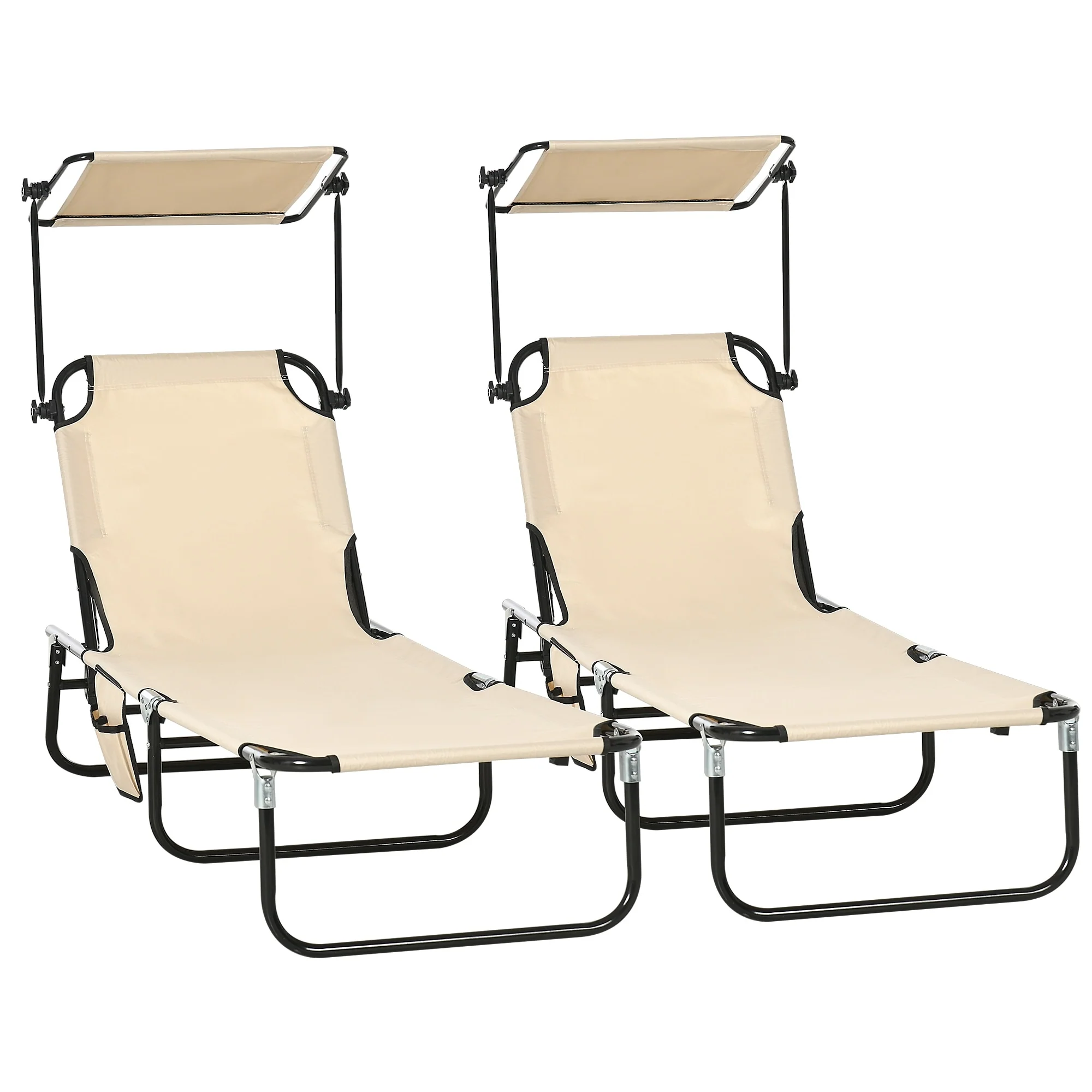 Foldable Outdoor Chaise Lounge Set of 2 with Adjustable Backrest, Sun Canopy and Side Pocket for Beach Poolside Patio