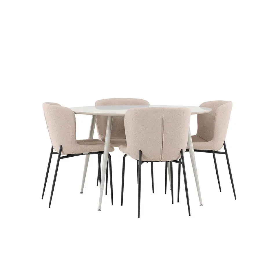 Hioshop Plaza eethoek tafel &Oslash;120cm en 4 boucl&eacute; stoelen beige