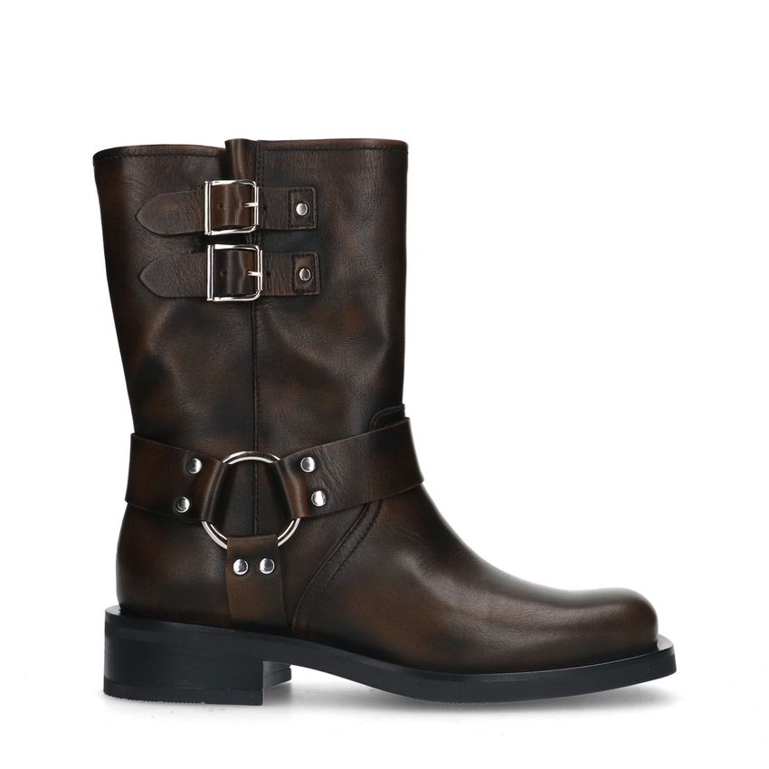 Manfield Bruine leren biker boots met zilverkleurige gespjes