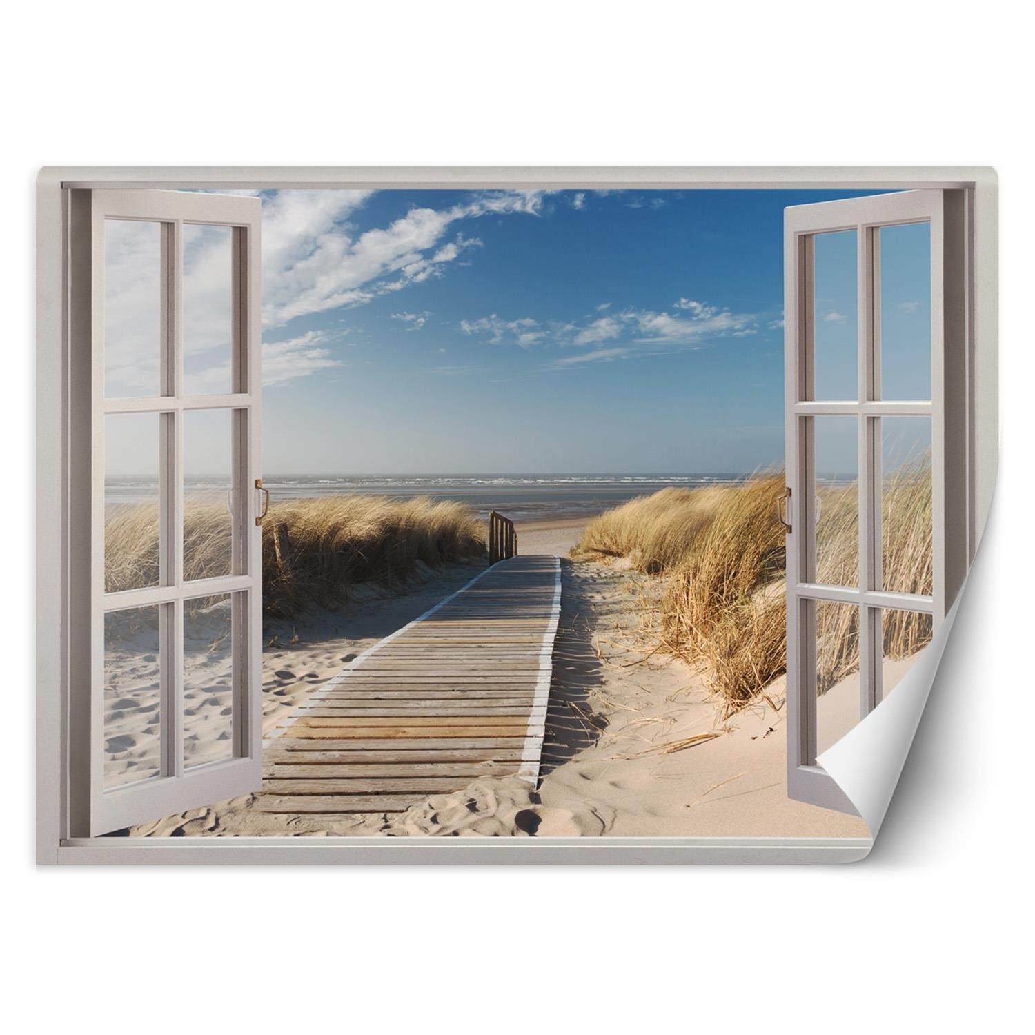 Feeby Fototapeta, Widok z okna plaża wydmy pomost 140x100