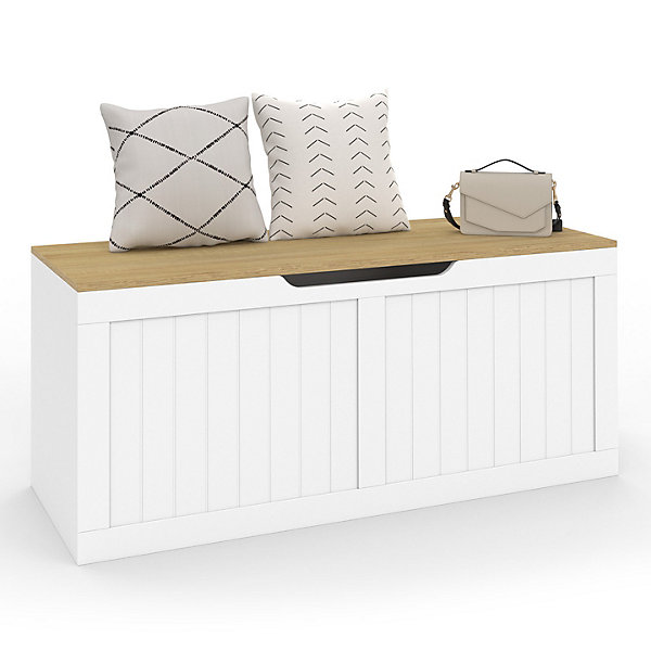 Banc coffre rangement 100 cm LEON bois et blanc