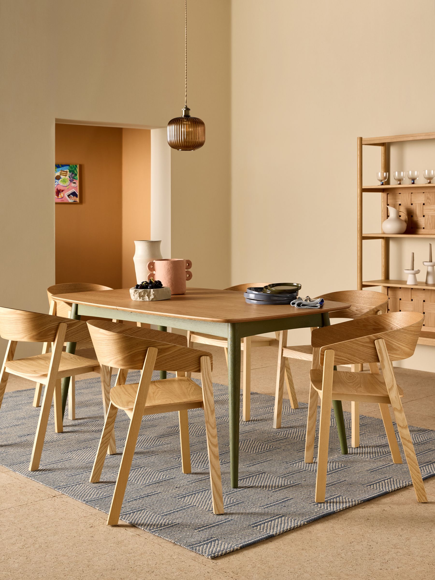Deauville Rectangular 6 to 8 Seater Extending Dining Table in Oak and Green Legs