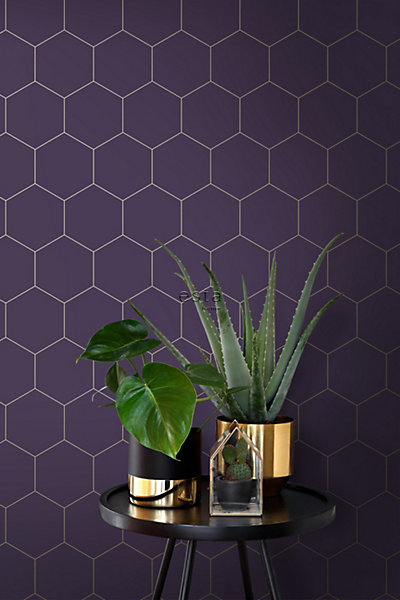 ESTAhome papier peint hexagone violet foncé et or 53 cm x 10.05 m