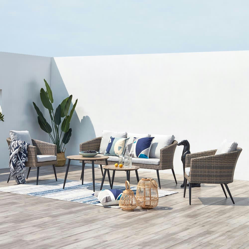 TIBOUTA - Salon de jardin 5 places en résine tressée beige et noir