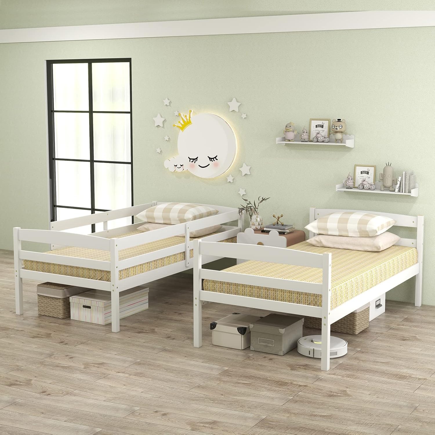 DORTALA Twin Over Twin Bunk Bed, Rubber Wood Convertible Wood Bunk Bed with Ladder Guardrail, Safety High Guardrail, Solid Wood Frame, Practical Morden Bunk Beds for Home, Dorm, Apartment, White