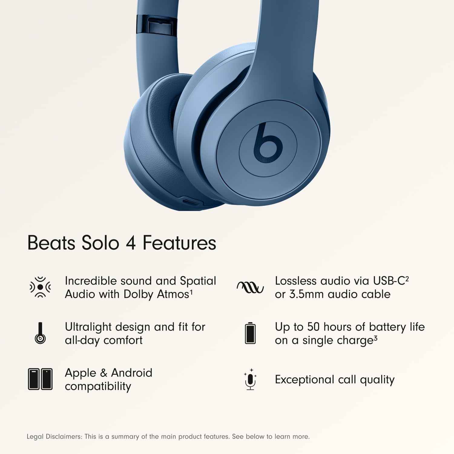 Beats Solo 4 - Wireless On-Ear Bluetooth Headphones, Up to 50-Hour Battery Life, Ultra-Lightweight Comfort, Powerful and Balanced Sound, Apple & Android Compatible - Slate Blue