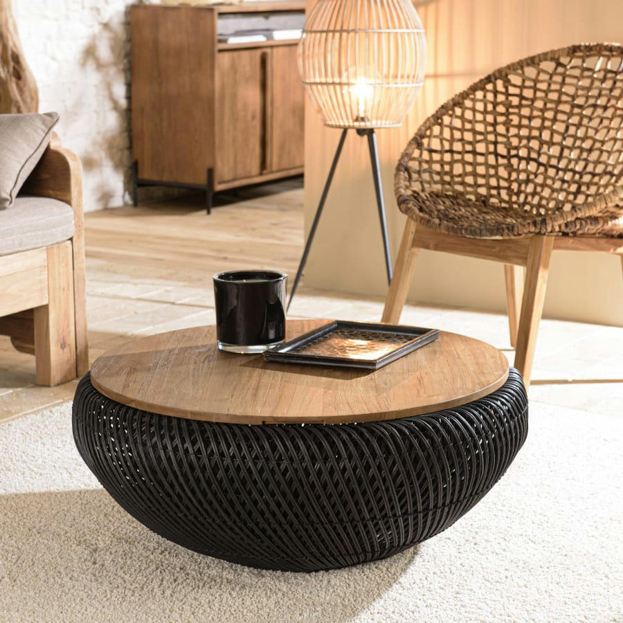 ALIDA - Table basse ronde en rotin noir plateau amovible D81