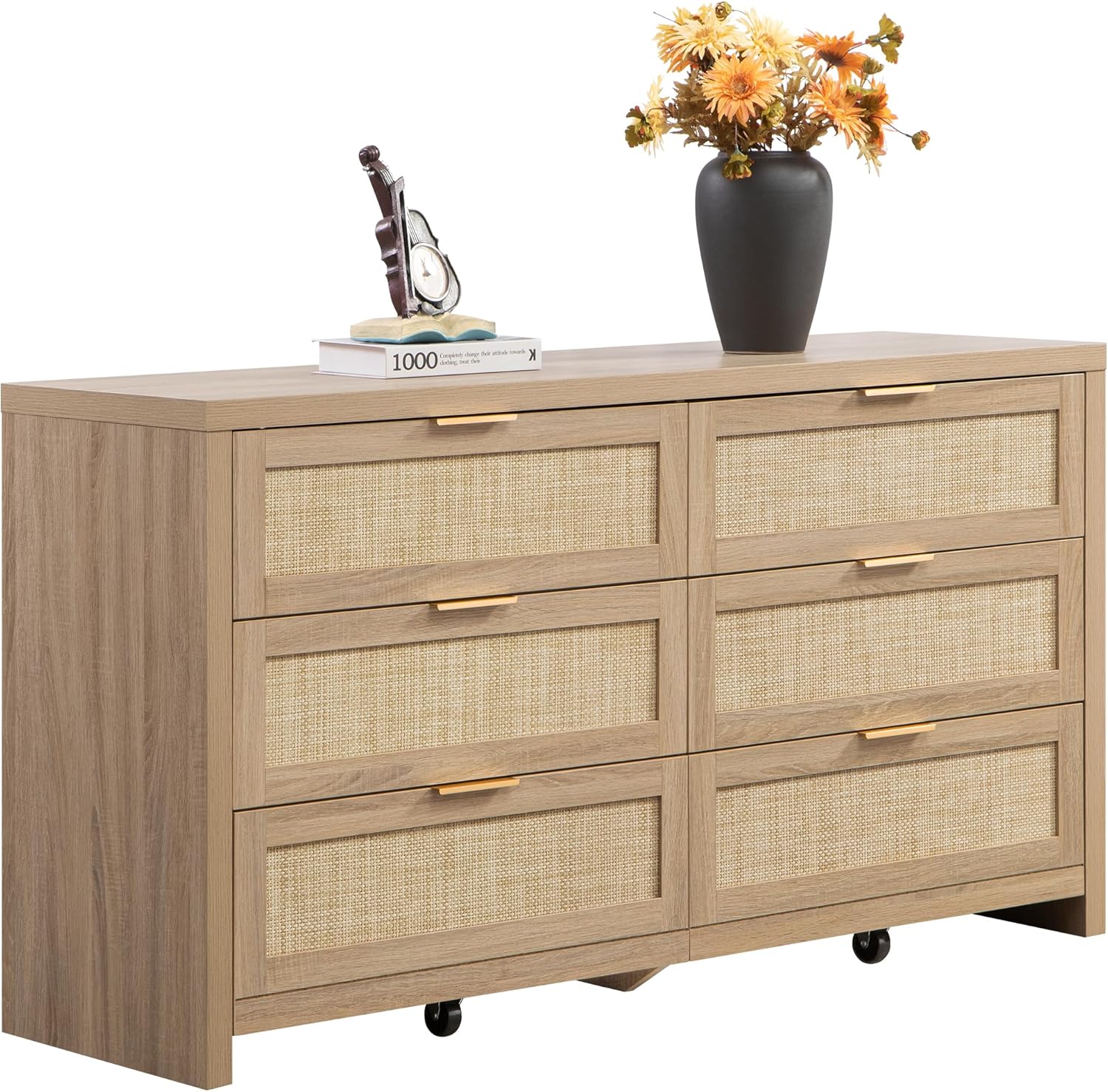 SICOTAS Rattan Dresser for Bedroom, 57 Wide 6 Drawer Dresser with Ample Storage, Dressers Large Chest of Drawers, Closet, Boho TV Stand for Bedroom (Reclaimed Light Oak, 1 Piece)