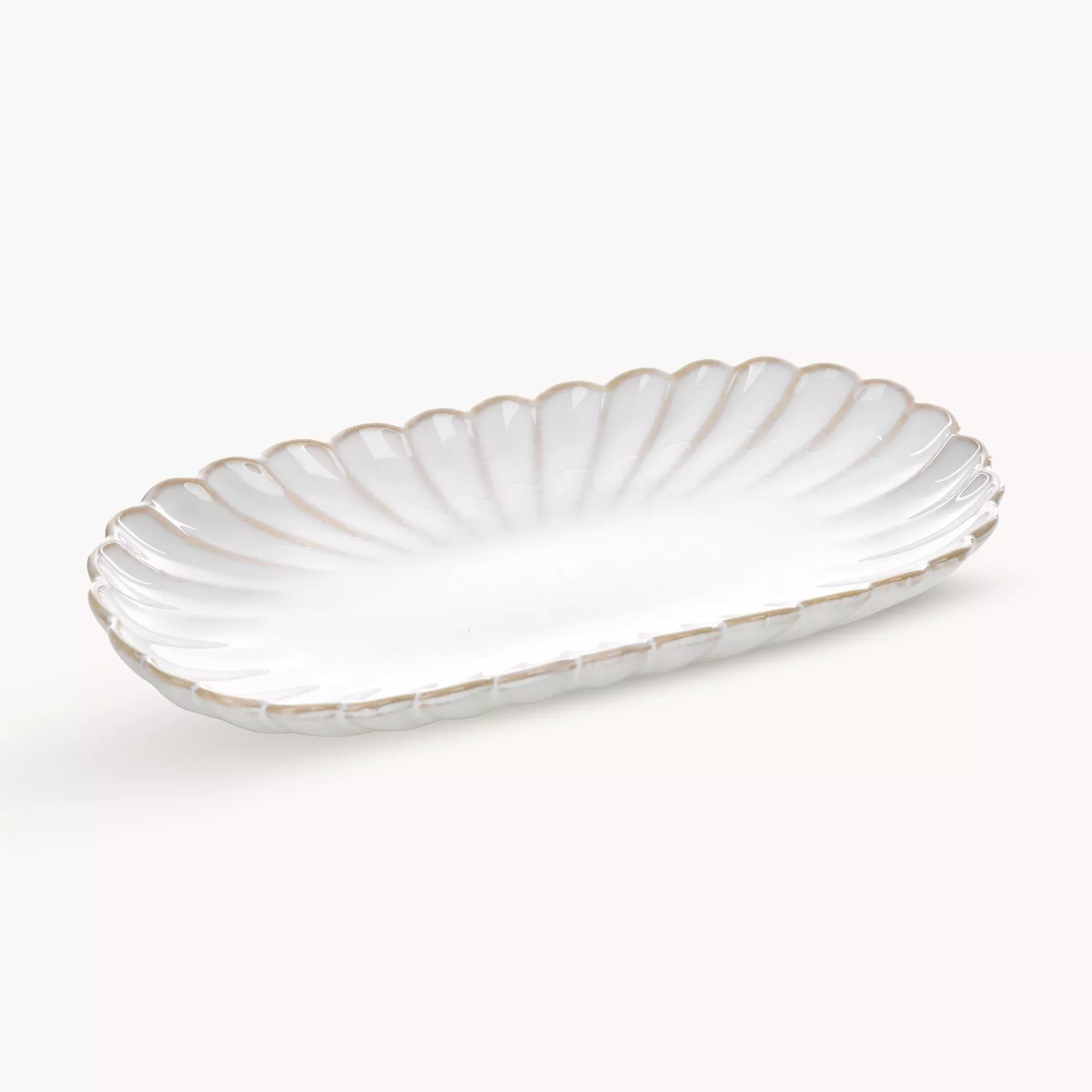 Patera ceramiczna dekoracyjna kremowo-beżowa z przecieranym wzorem w stylu eko 23x12x3 cm AVRIL