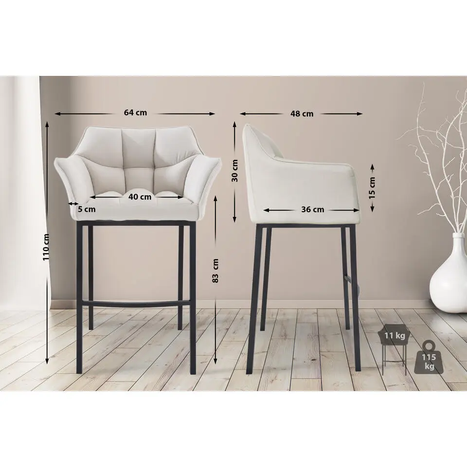 CLP Barkruk Damaso zwart Frame - Stof - wit