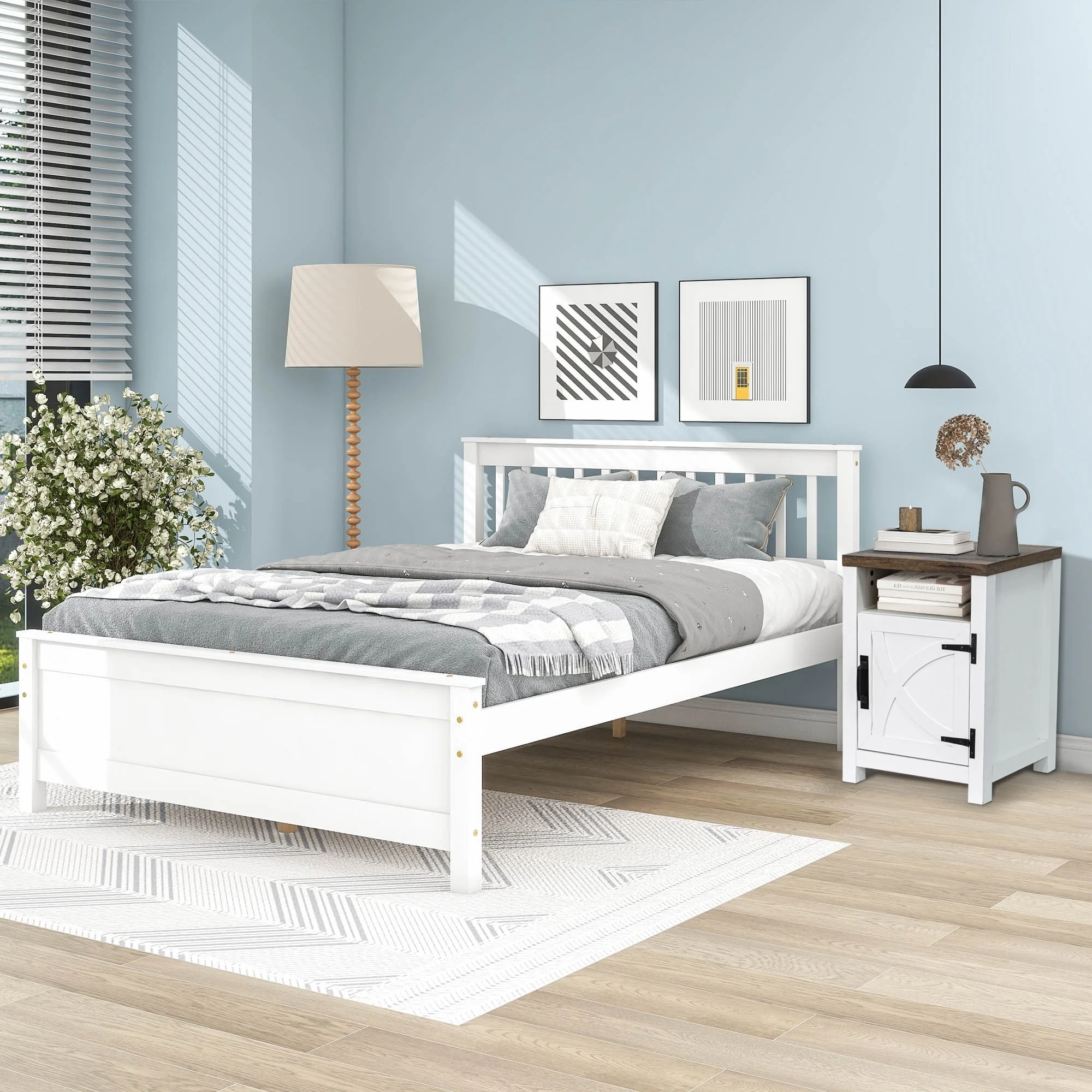 White Farmhouse Barn Door Nightstand End Table with Adjustable Shelves