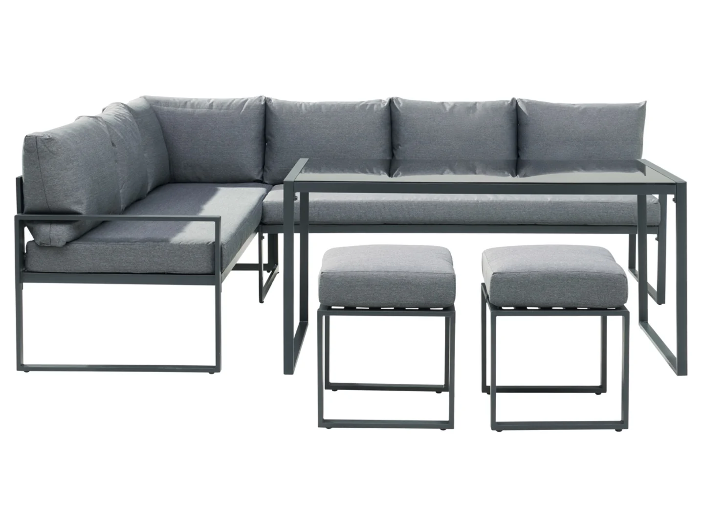 Zestaw mebli ogrodowych stalowych Evora sofa lewostronna narożna stół   2 siedziska z poduszkami