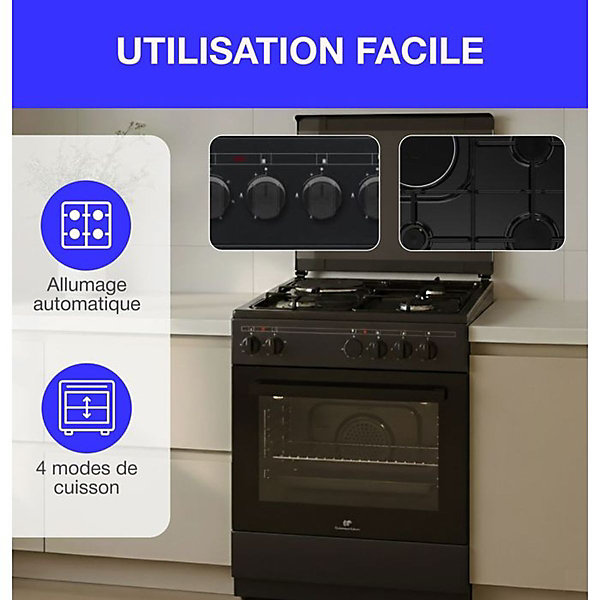 Cuisiniere mixte CONTINENTAL EDISON CECM60FCB - 3 feux gaz   1 électrique - L59,8 x P61 xH83 cm - Noir